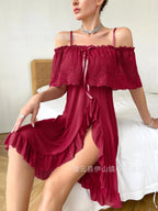 Ethereal Mauve Mesh Nightgown with Cold-Shoulder Sleeves and Ruffled Slit