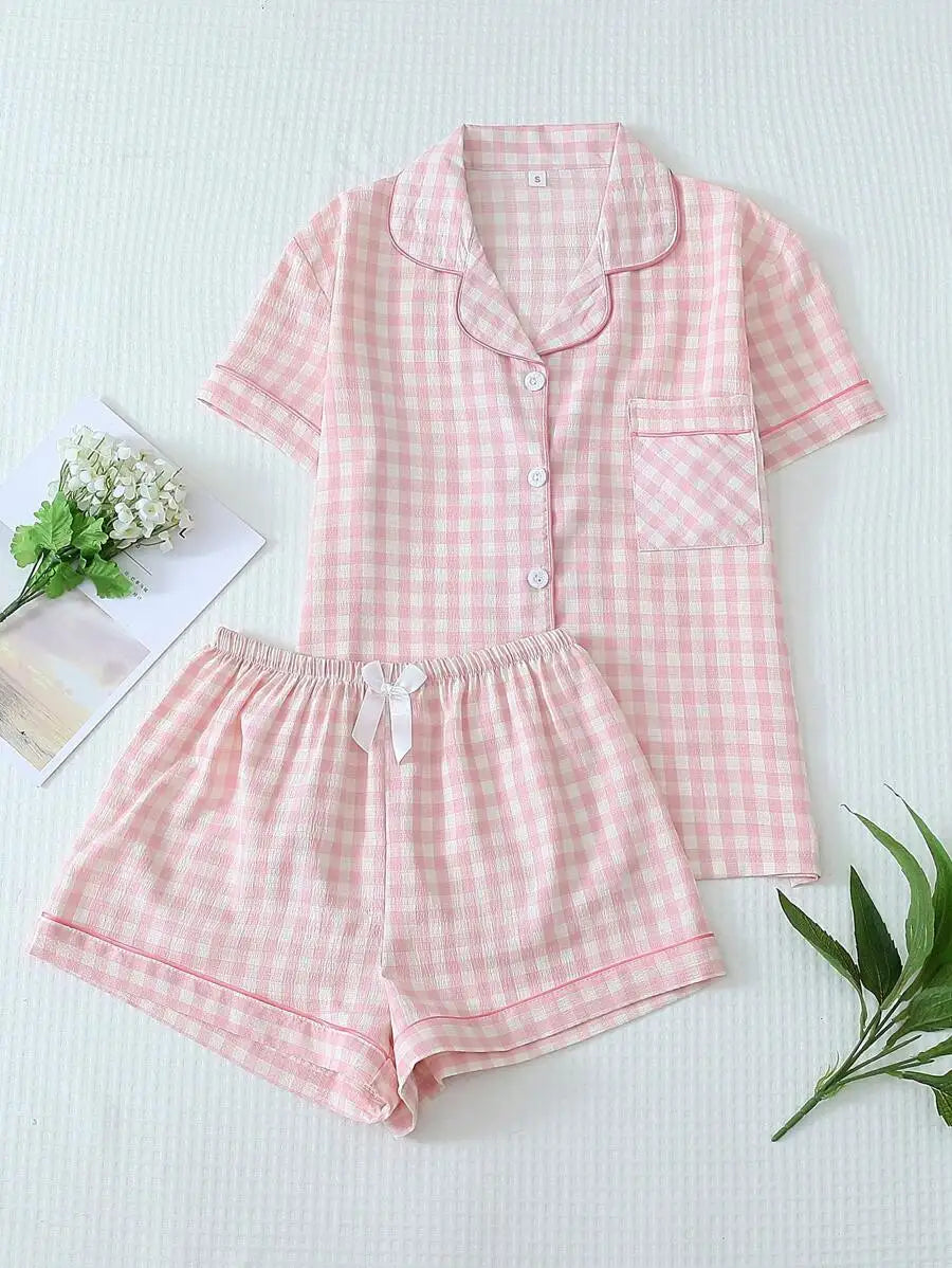 Women's Plaid Short Sleeve Pajama Shorts Co-Ord Set Lightweight Sleepwear