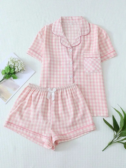 Women's Plaid Short Sleeve Pajama Shorts Co-Ord Set Lightweight Sleepwear