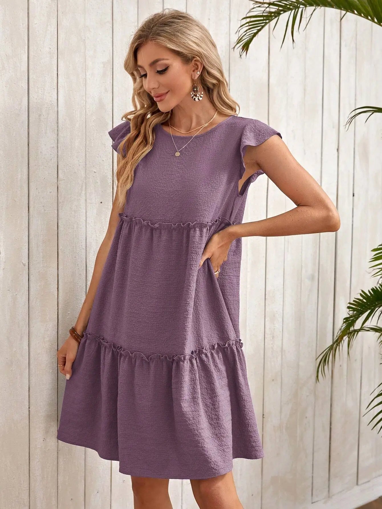 Tiered Ruffle A-Line Mini Dress with Petal Sleeves and Relaxed Fit