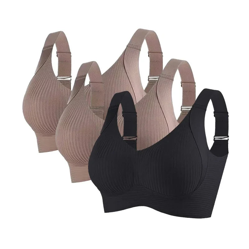 3-Piece Wireless Push-Up Bra Set with Ribbed Texture, V-Neck Design and Adjustable Straps