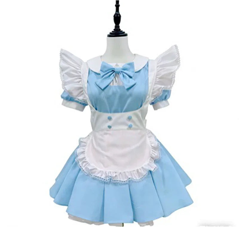 Pastel Color-Block Lolita Maid Dress with Pleated Skirt and Ruffled Apron