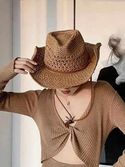 Hollow Woven Straw Cowboy Hat with Wide Brim for Beach Travel and Outdoor Adventures