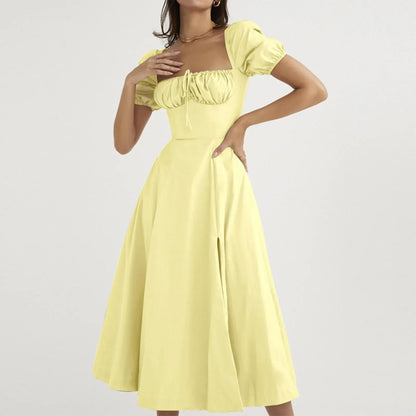 Off Shoulder Maxi Dress with Bubble Sleeves and Side Slit Detail