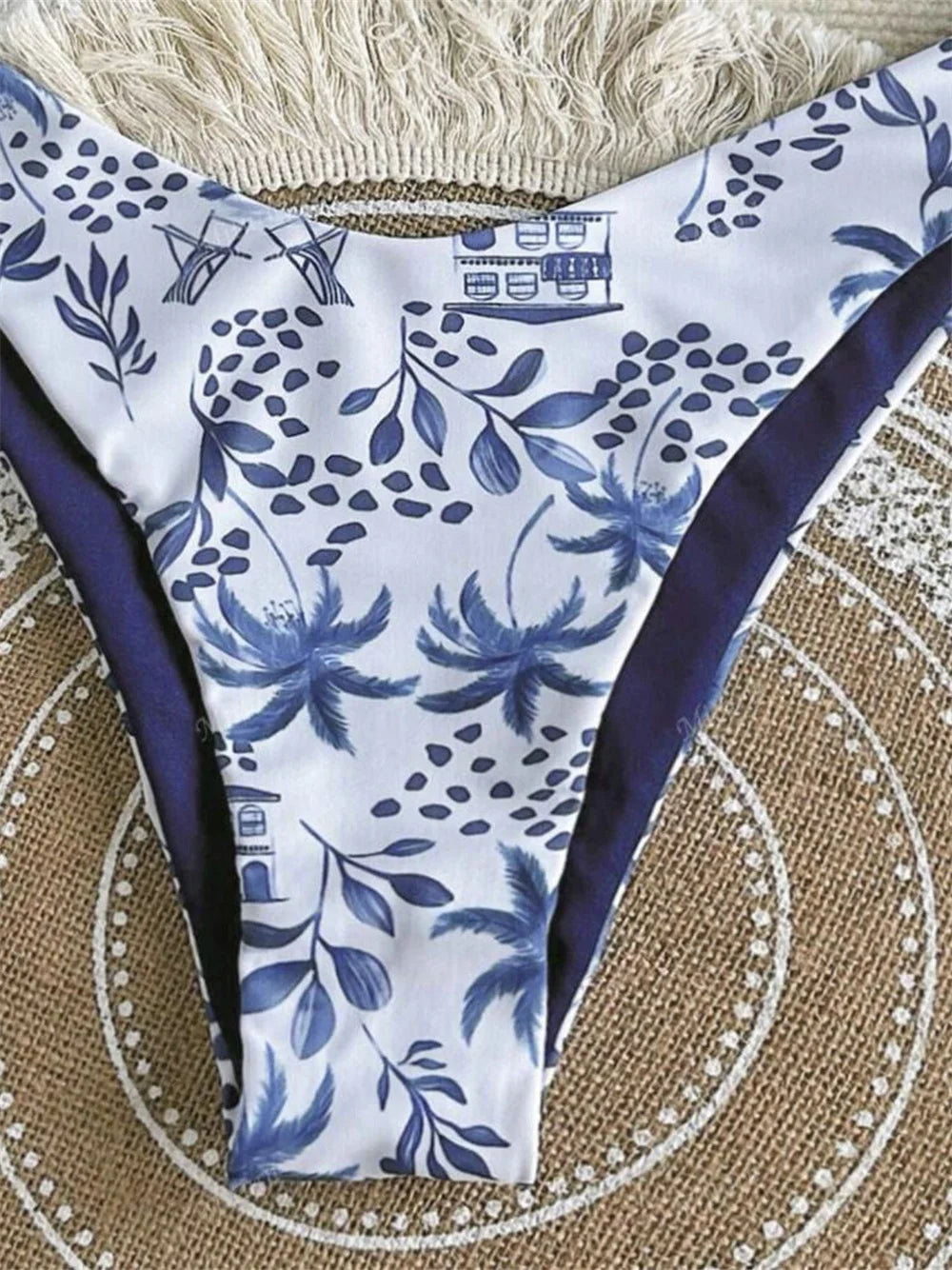 Vintage Blue Toile Print Triangle Bikini with High-Cut Silhouette