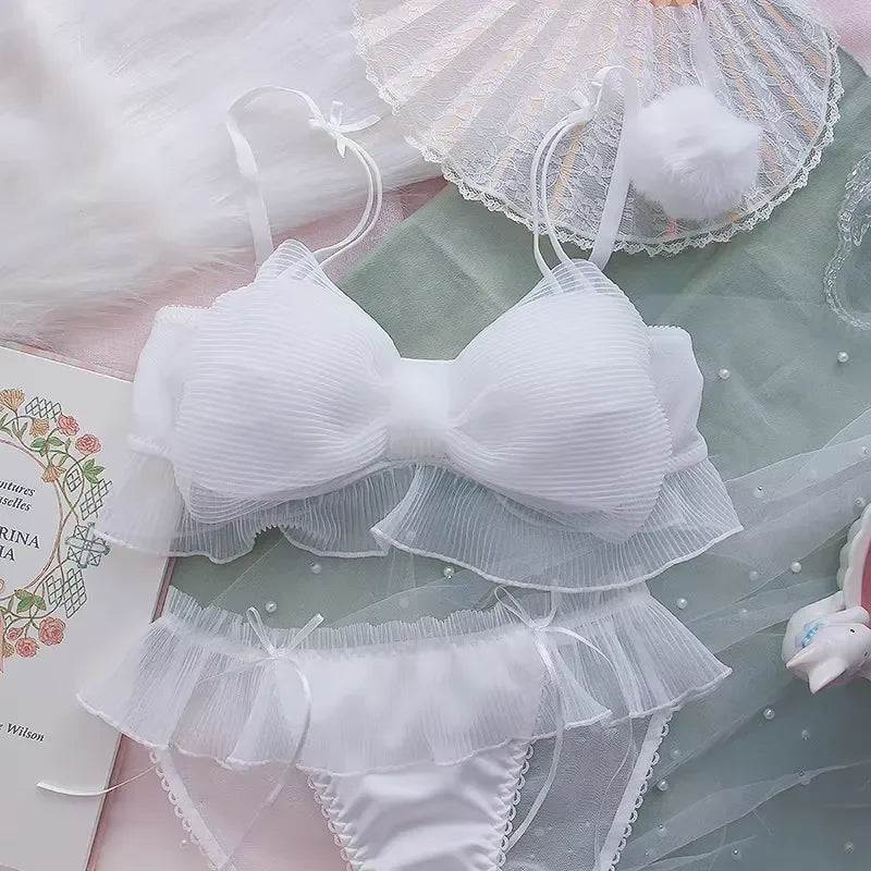 Ruffled Tulle Statement Bow Wire-Free Bralette and Matching Frilled Low-Rise Panty Set