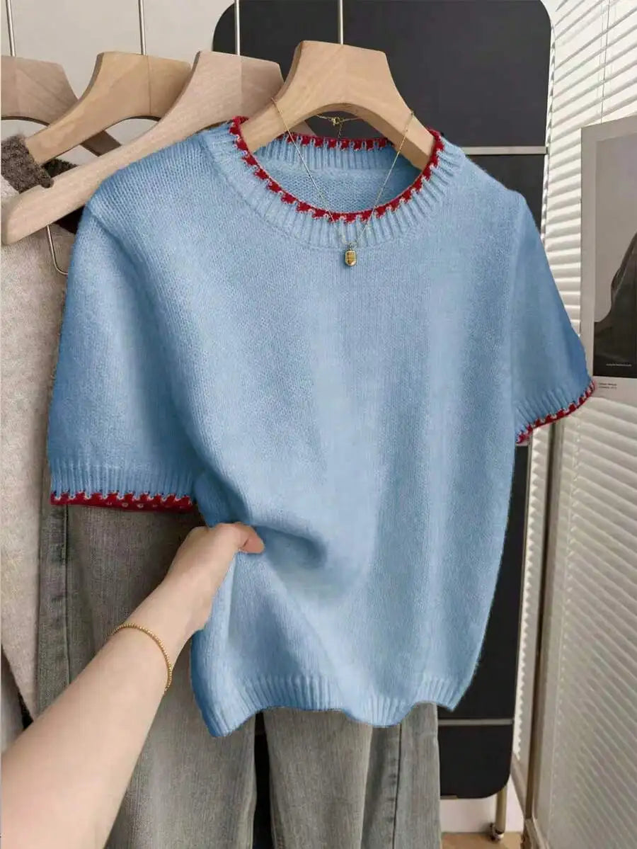 Women's Contrast Trim Short Sleeve Knit Sweater with Relaxed Retro Cropped Silhouette