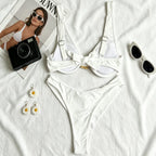Structured White Underwire Bikini Set with Gold-Tone Hardware and High-Cut Bottoms
