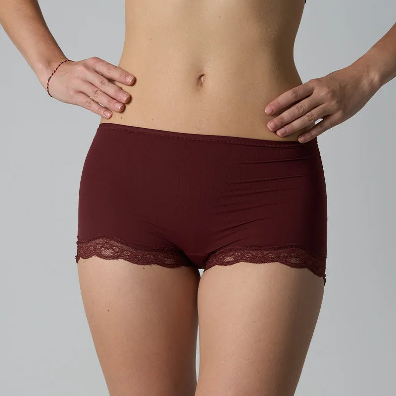 Rich Burgundy Lace-Trimmed Plunge Bralette and Lounge Short Set
