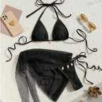 Earthy Textured Three-Piece Triangle Bikini Set with Cowrie Shell Accents and Net Skirt