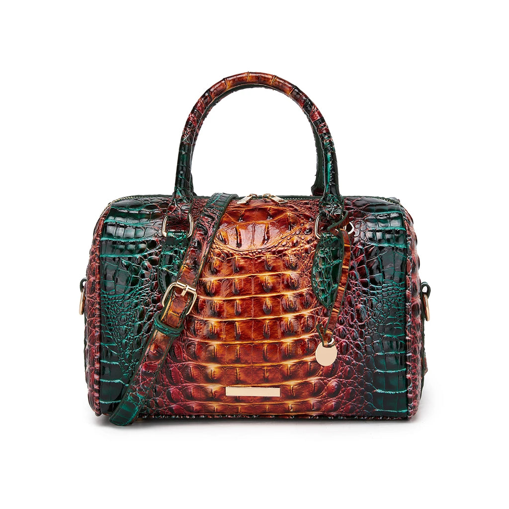 Embossed Top Handle Boston Satchel Bag with Detachable Crossbody Strap