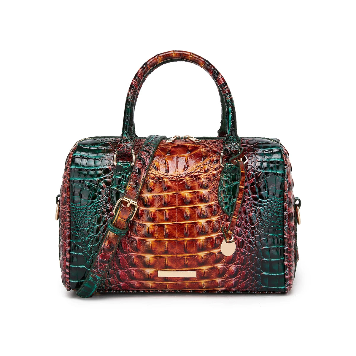 Embossed Top Handle Boston Satchel Bag with Detachable Crossbody Strap
