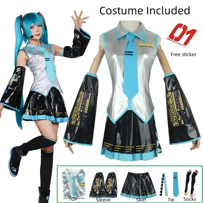 Metallic Silver and Black Futuristic Idol Uniform with Pleated Skirt and Blue Tie