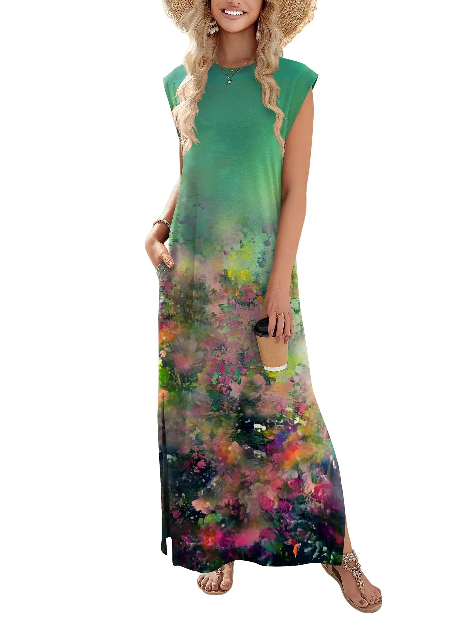 Loose Fit Sleeveless Floral Maxi Dress with Pockets for Casual Styling