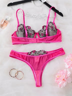 Vibrant Rose Pink Embroidered Mesh Underwire Bra and Thong Set