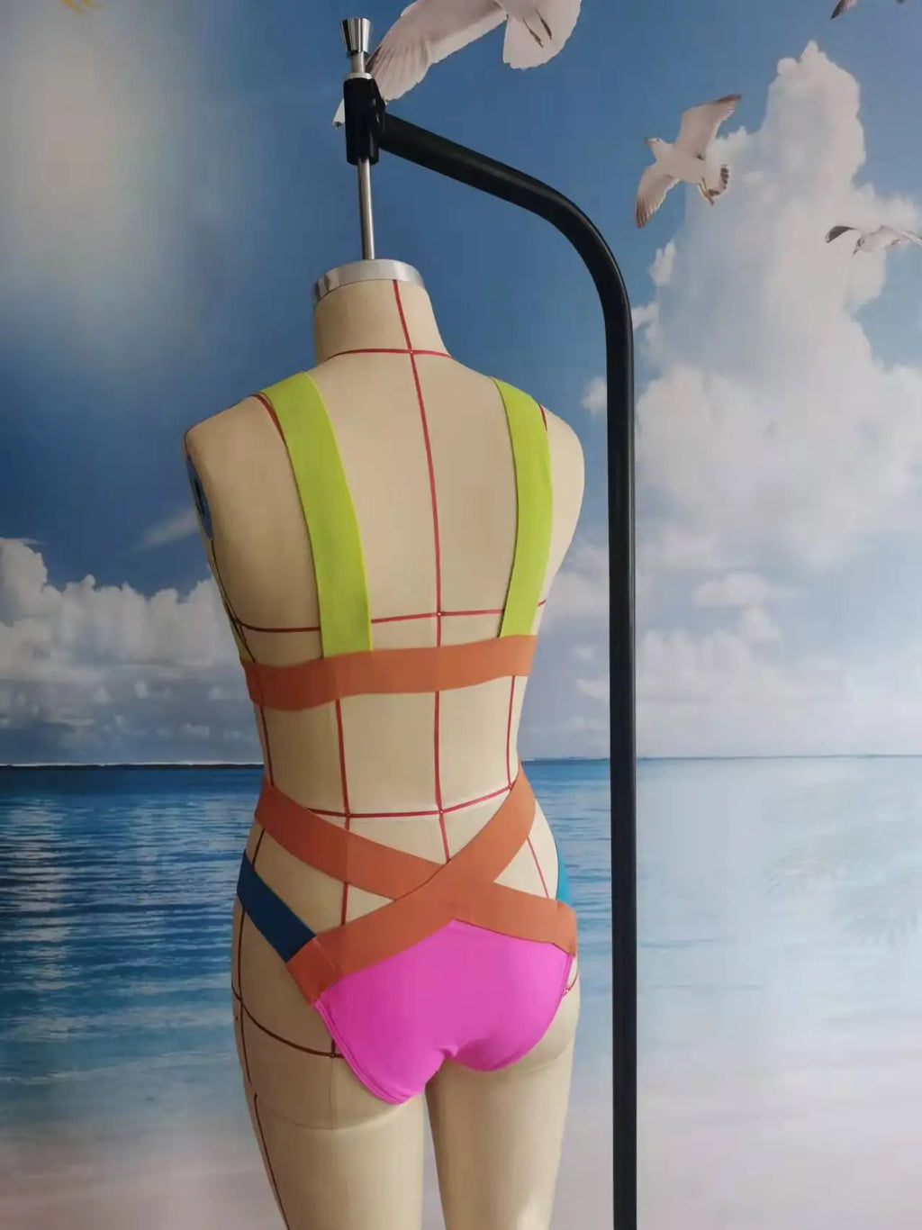 Vibrant Color-Block Bikini Set with Criss-Cross Strappy High-Waist Bottoms