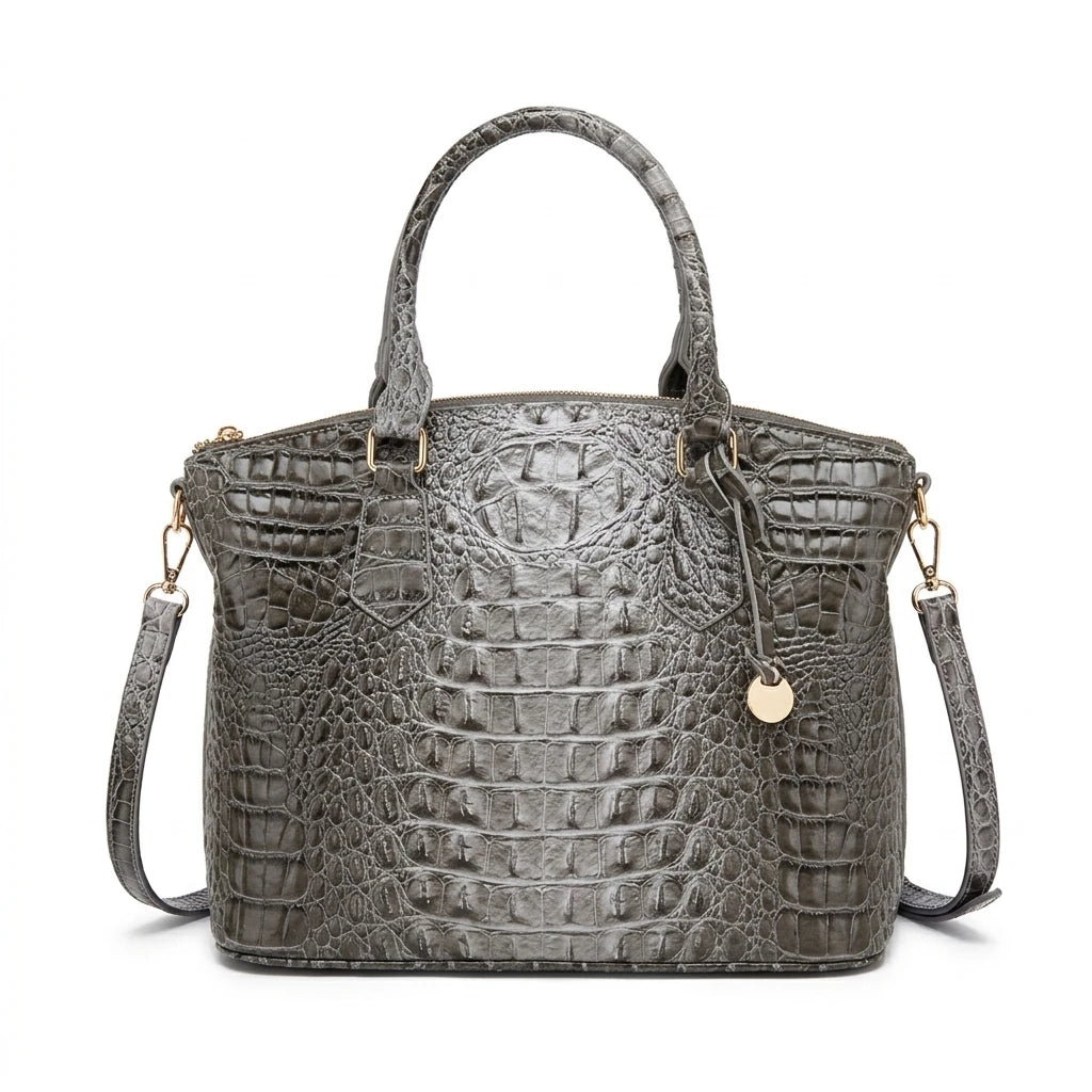 Embossed Dome Satchel Bag with Top Handle and Detachable Shoulder Strap