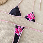 Black Triangle String Bikini with Blue Floral Print and White Contrast Binding