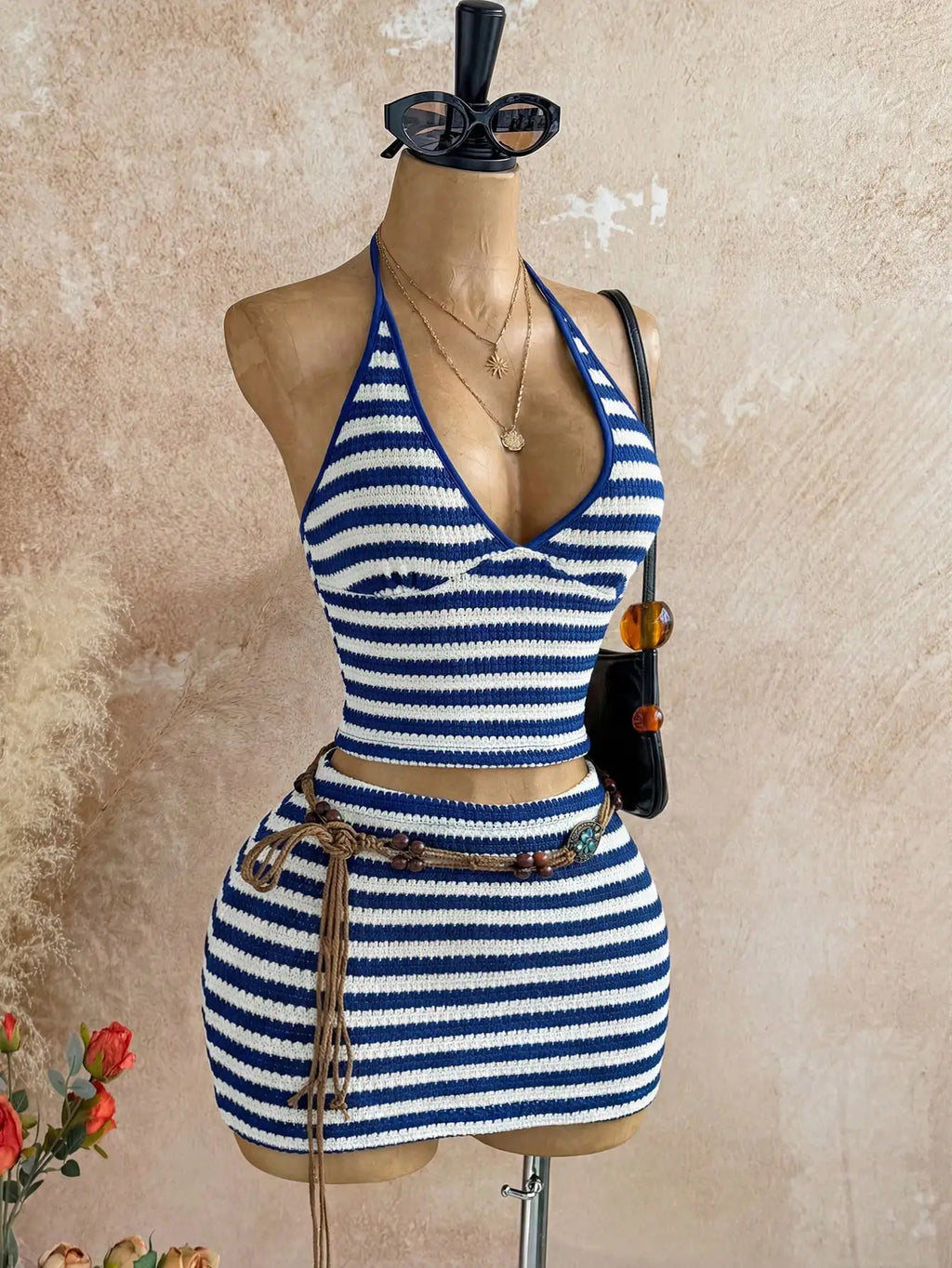 Striped Halter Crop Top and Mini Skirt Beach Co-Ord Set