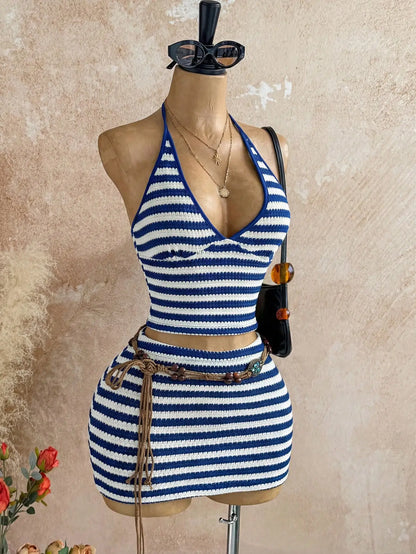 Striped Halter Crop Top and Mini Skirt Beach Co-Ord Set
