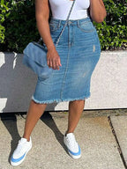 Distressed Denim Midi Skirt with Frayed Hem and Faded Wash Finish