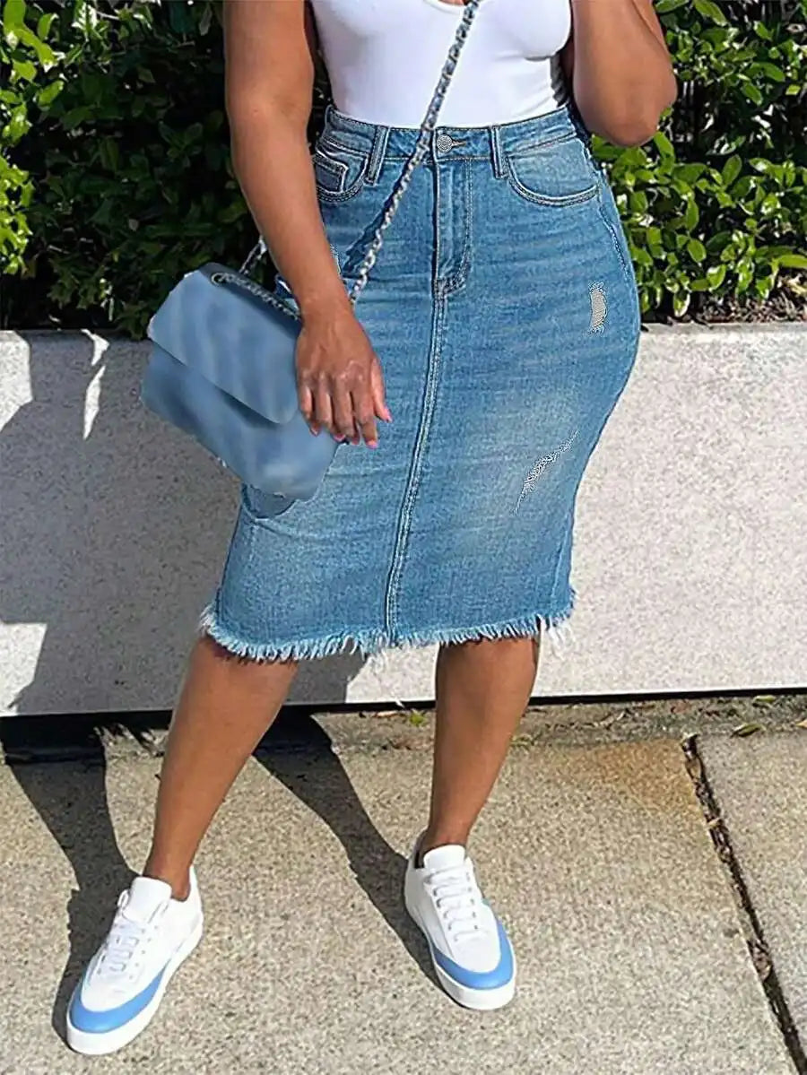 Distressed Denim Midi Skirt with Frayed Hem and Faded Wash Finish