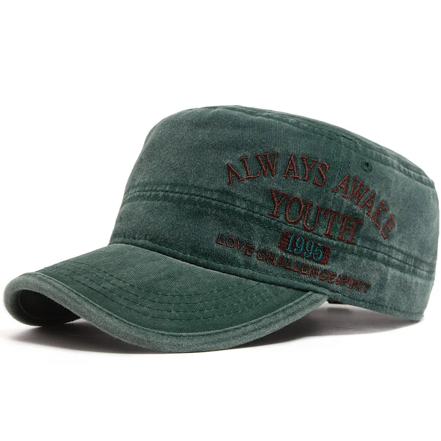 Unisex Vintage Military Style Flat Top Cap with Embroidered Detail for Casual Everyday Wear