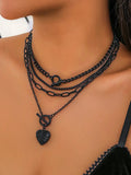 Dark Feminine Layered Chain Necklace Set with Heart Charm Accent