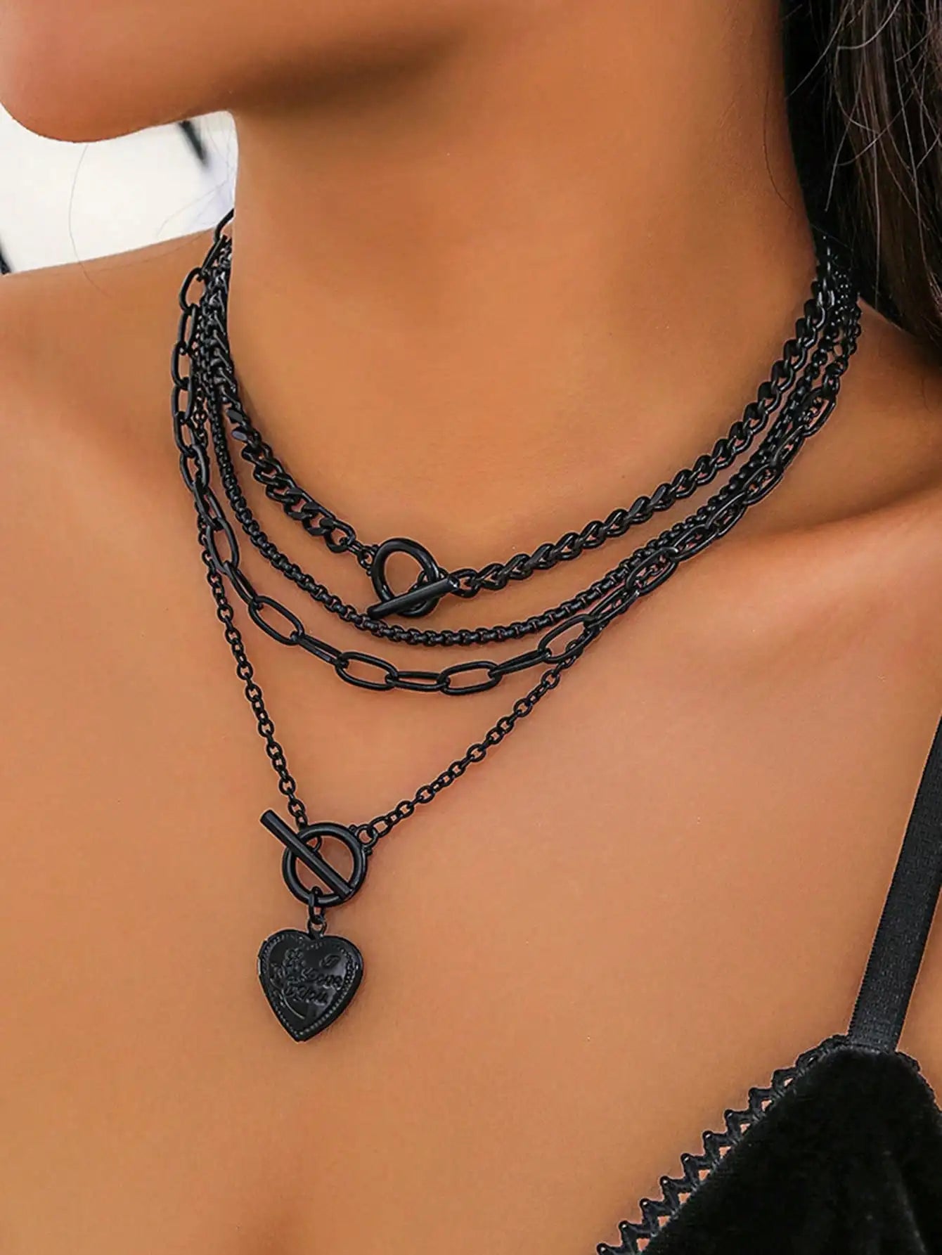 Dark Feminine Layered Chain Necklace Set with Heart Charm Accent