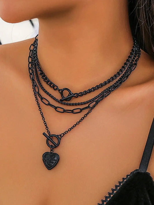 Dark Feminine Layered Chain Necklace Set with Heart Charm Accent