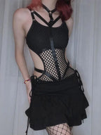 Fishnet Cutout Harness Style Bodysuit for Gothic Alternative Festival Fashion