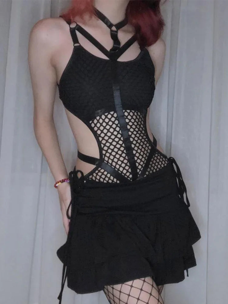 Fishnet Cutout Harness Style Bodysuit for Gothic Alternative Festival Fashion