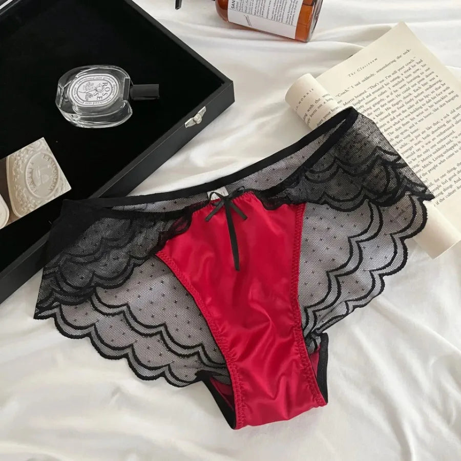 Romantic Plum and Black Lace Trim Satin-Look Brief Panty