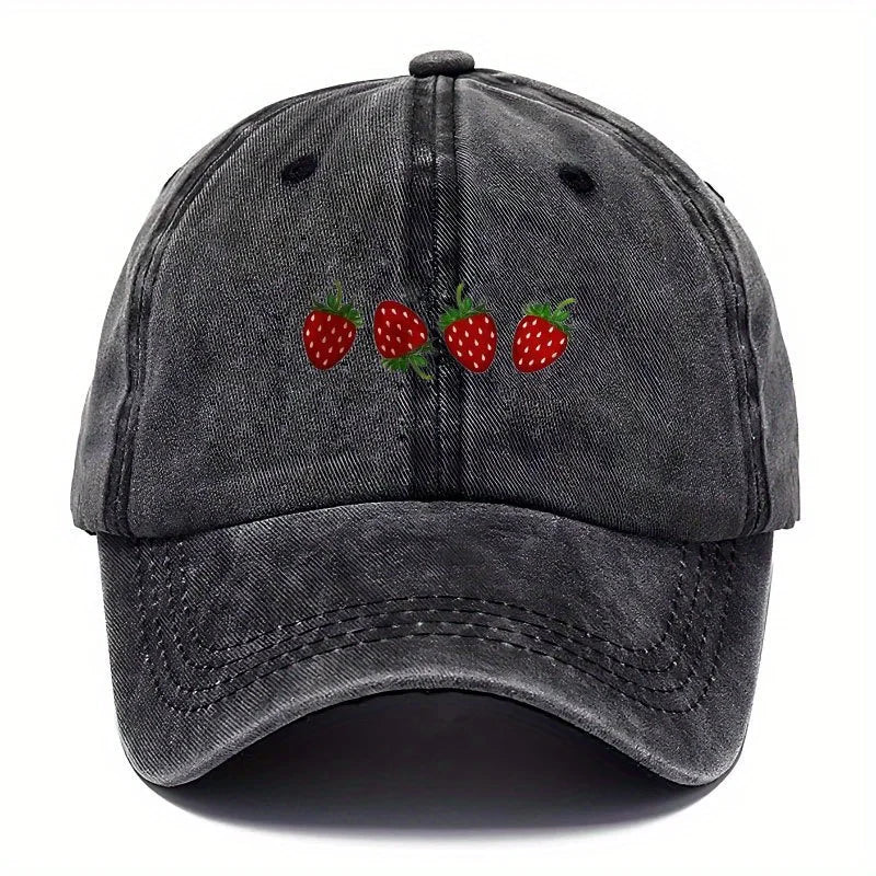 Vintage Washed Baseball Cap Embroidered Fruit Detail Curved Brim Casual Streetwear Hat