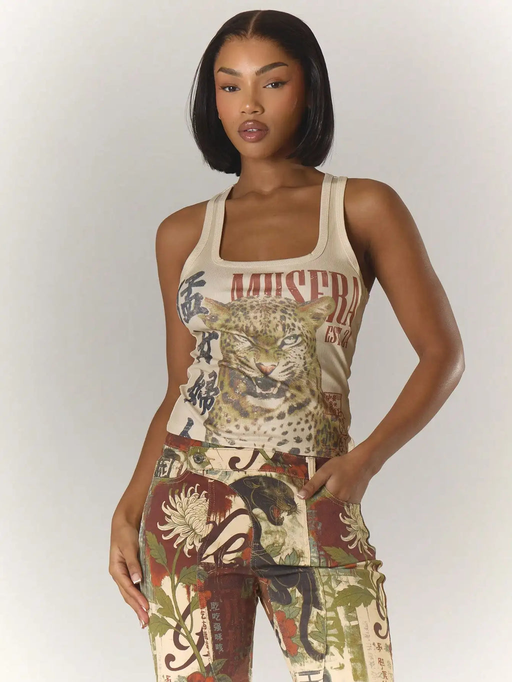 Vintage Graphic Print Fitted Crop Tank Top with Slim Streetwear Summer Style