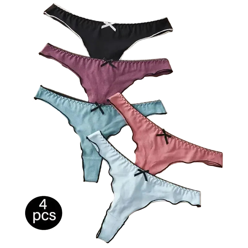 4-Piece Women’s Cotton Low-Rise Thong Panties Set with T-Back Silhouette, Decorative Bow Detail and Assorted Solid Colors