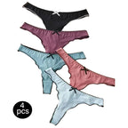 4-Piece Women’s Cotton Low-Rise Thong Panties Set with T-Back Silhouette, Decorative Bow Detail and Assorted Solid Colors
