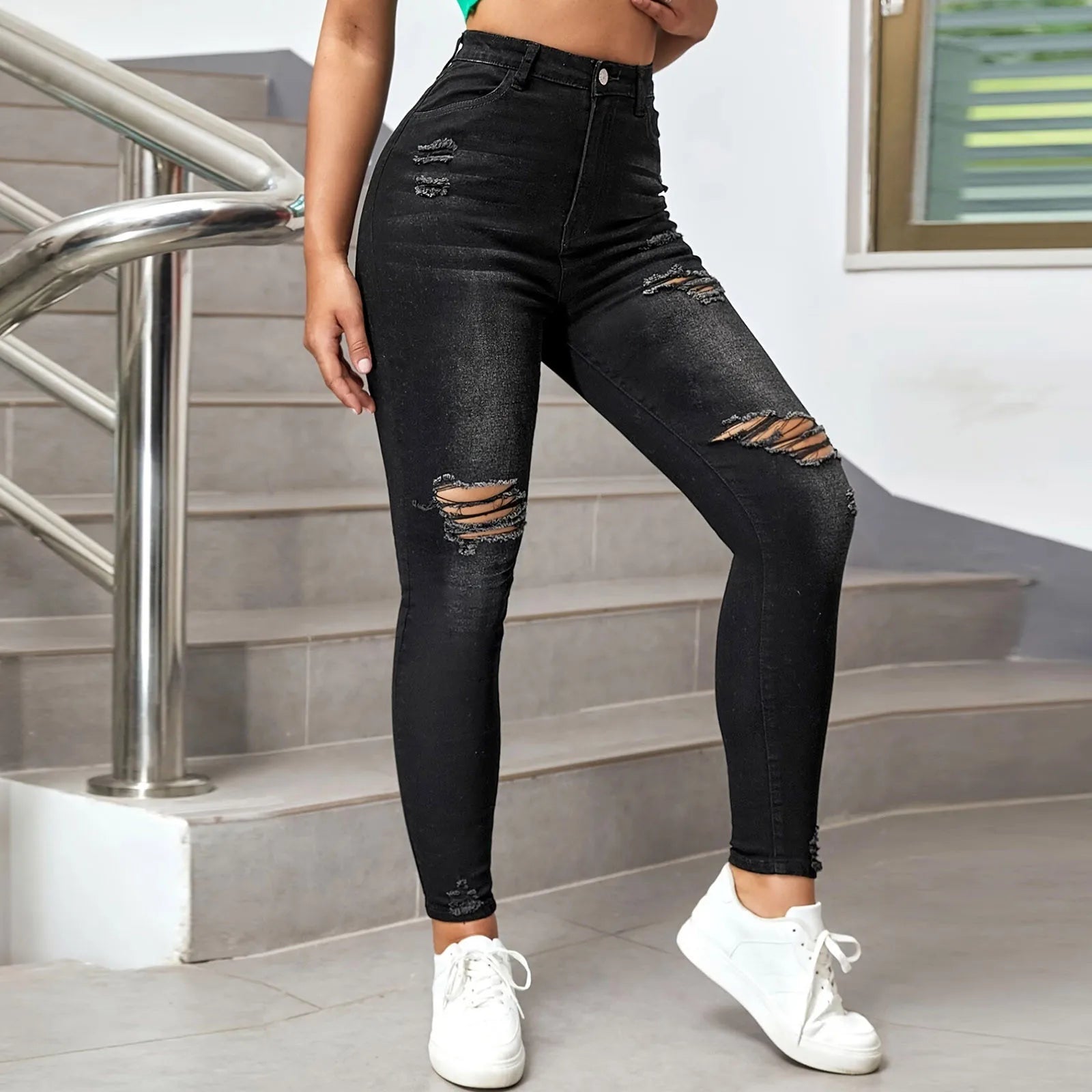 Women's Mid Rise Distressed Skinny Denim Jeans with Stretch Slim Fit Design