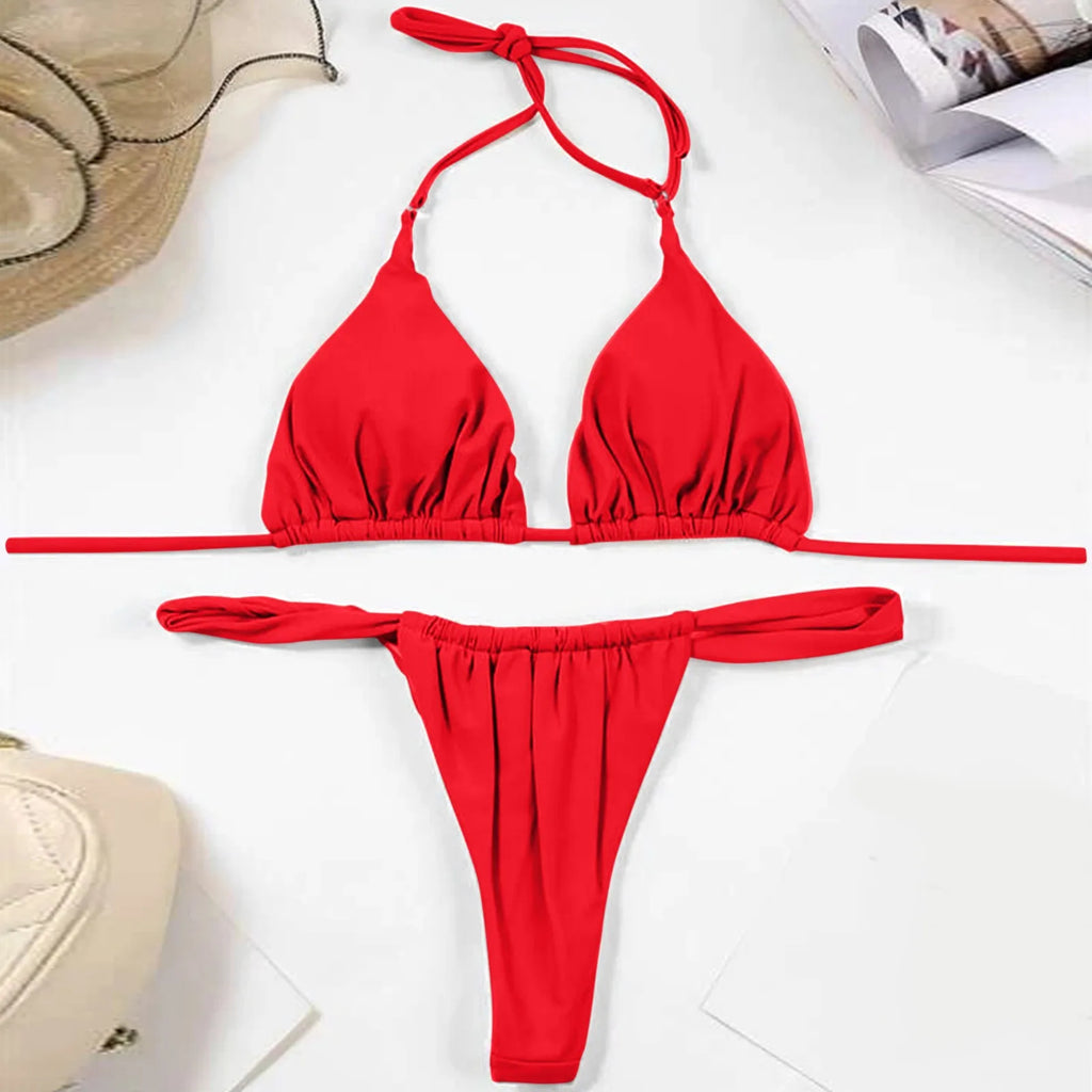 Solid Royal Blue Triangle String Bikini Set with Tie Fastenings