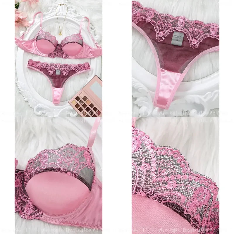 Contrast Floral Lace Balconette Push-Up Bra and Scalloped Thong Set