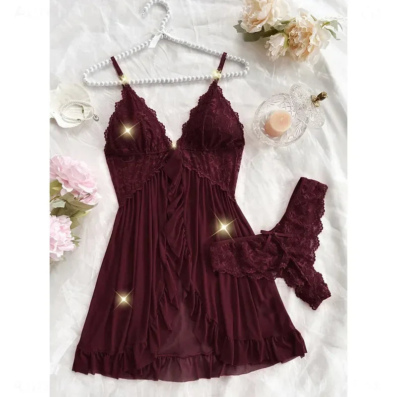 Lace Camisole and Shorts Pajama Set with V-Neckline, Bow Detail, Delicate Lace Trim and Ruffled Hem