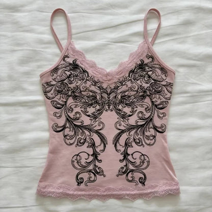 Floral Graphic Lace Camisole Tank Top with Slim Fit Streetwear Inspired Design