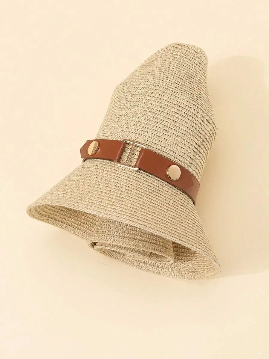 Women's Woven Straw Sun Hat with Decorative Band for Beach Vacation and Casual Wear