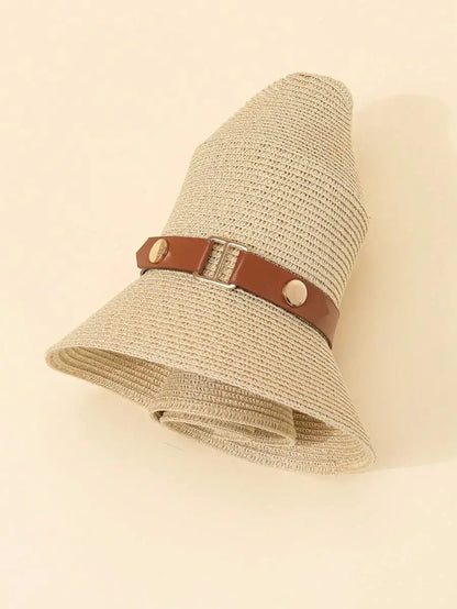 Women's Woven Straw Sun Hat with Decorative Band for Beach Vacation and Casual Wear