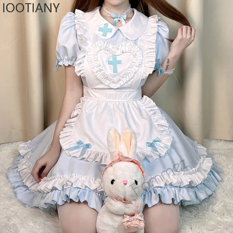 Sweet Pink Lolita Nurse-Maid Cosplay Dress with Cross Emblem and Ruffle Trims