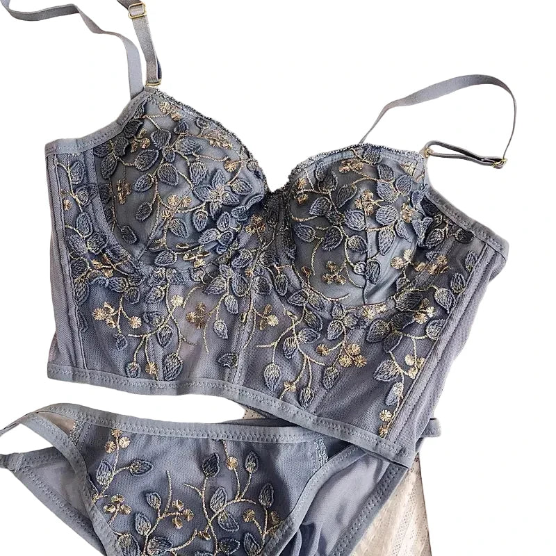 Embroidered Sheer Mesh Longline Bralette and Matching Scalloped Panty Set