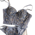 Embroidered Sheer Mesh Longline Bralette and Matching Scalloped Panty Set