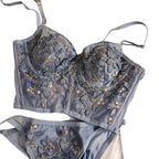 Embroidered Sheer Mesh Longline Bralette and Matching Scalloped Panty Set
