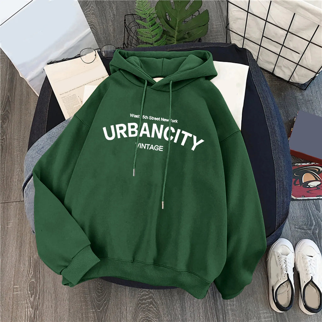 Women's Relaxed Graphic Pullover Hoodie with Minimal Typography Casual Streetwear Sweatshirt