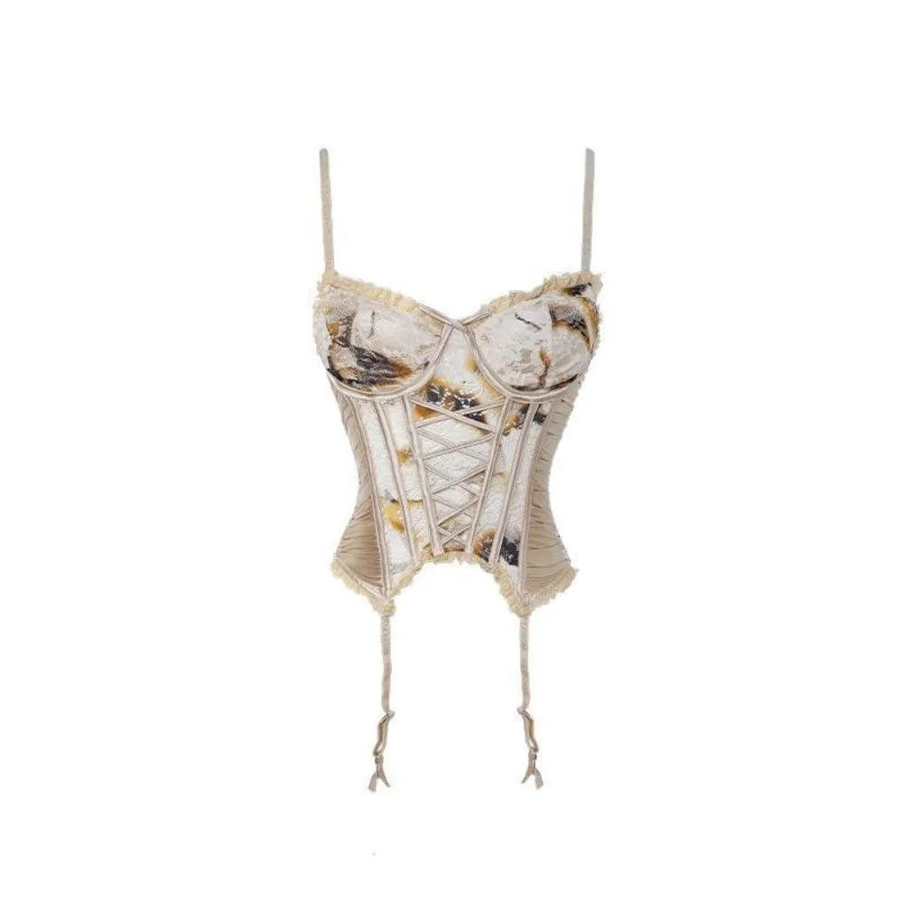 Black Sheer Mesh Bustier with Sweetheart Lace Neckline and Suspender Straps